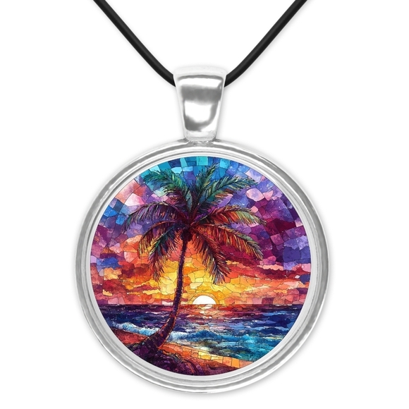None Jewelry - Colorful Palm Tree Pendant Necklace